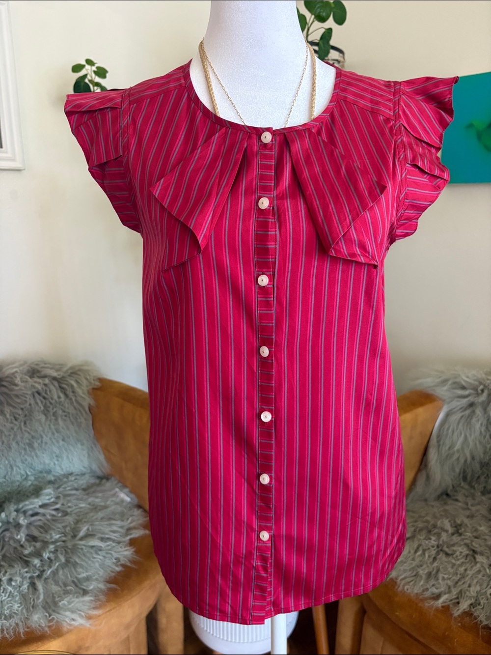 Marc By Marc Jacobs Pink Striped Ruffle Button-Down Top